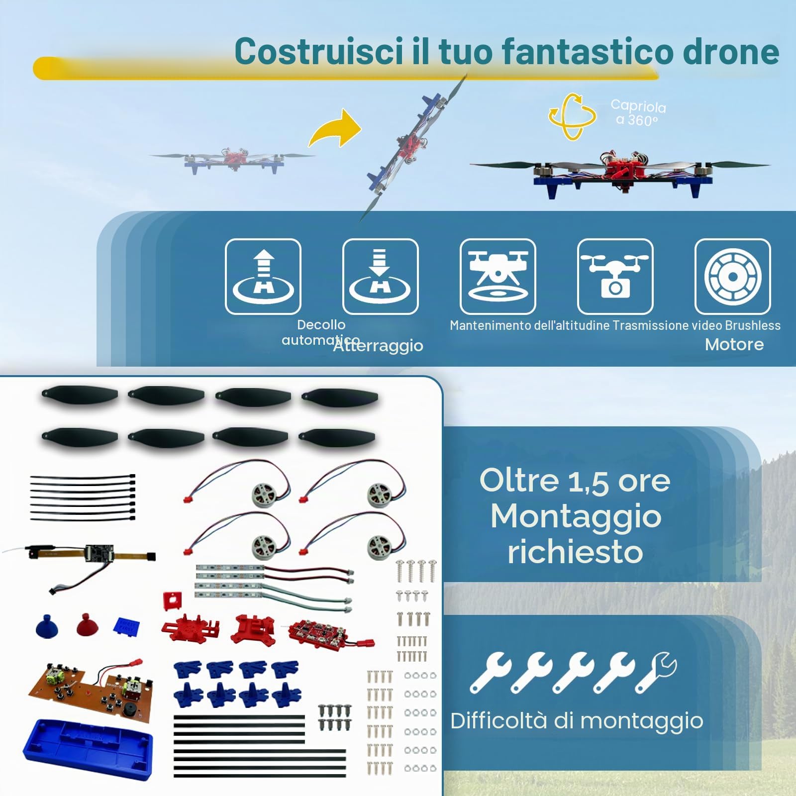 Kit fai da te per drone quadrirotore: un progetto STEM unico con motore brushless, galleggiamento ottico, lancio e atterraggio con un clic e rotazione a 360° per gli appassionati di fai da te