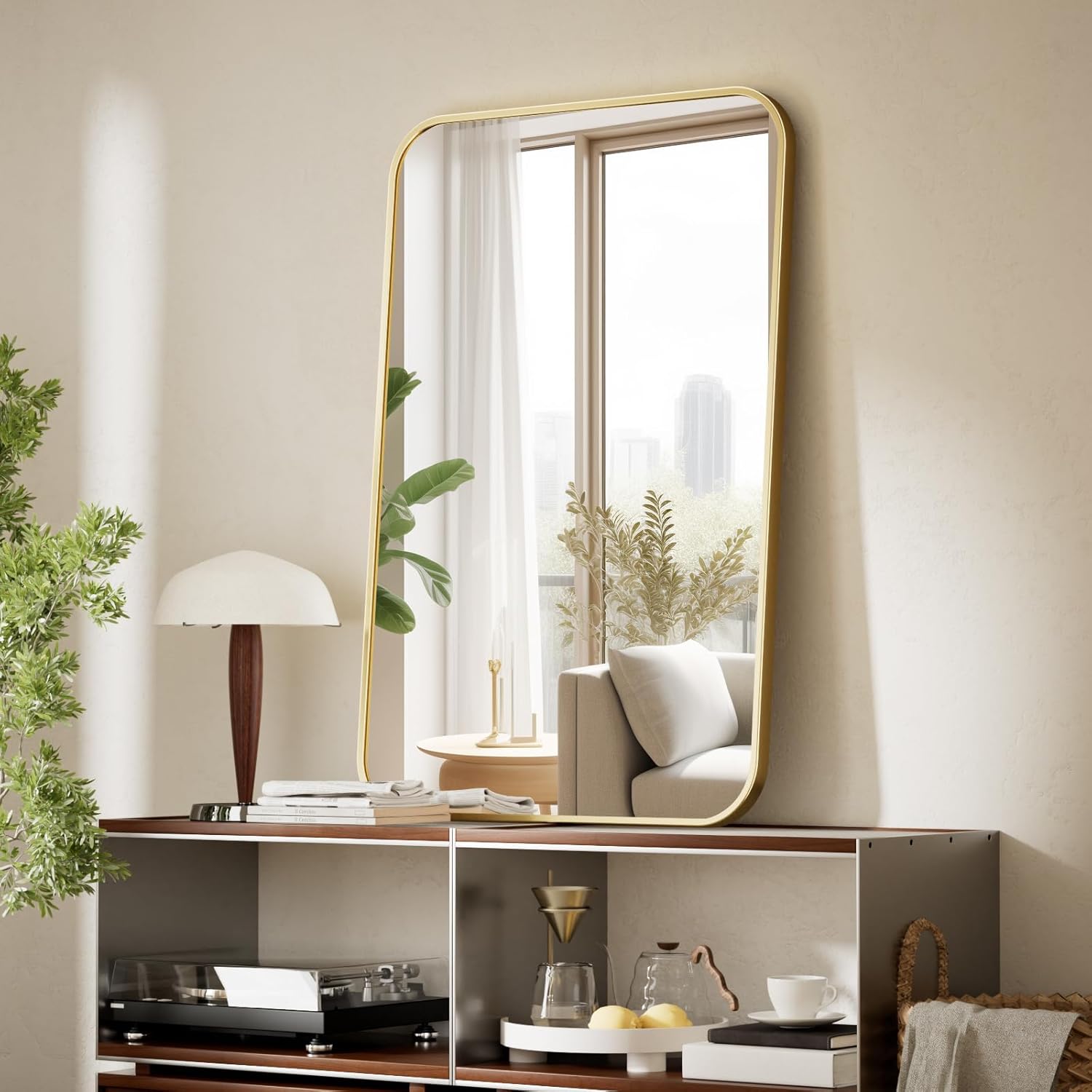 BEAUTYPEAK 20" x 28" Rectangular Aluminum Alloy Frame Wall Mounted Bathroom Mirror with Rounded Corners, Gold