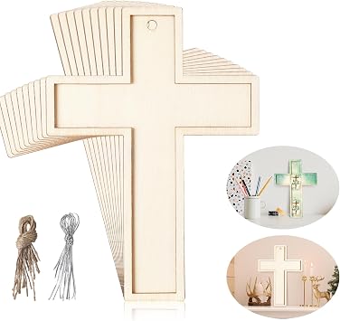 Beeveer 24 Pcs Unfinished Wooden Crosses for Crafts Unpainted Large Blank Wooden Layered Cross for Sunday School Crafts DIY Easter Projects Church Home Wall Decoration with String 5 x 3.62 Inch
