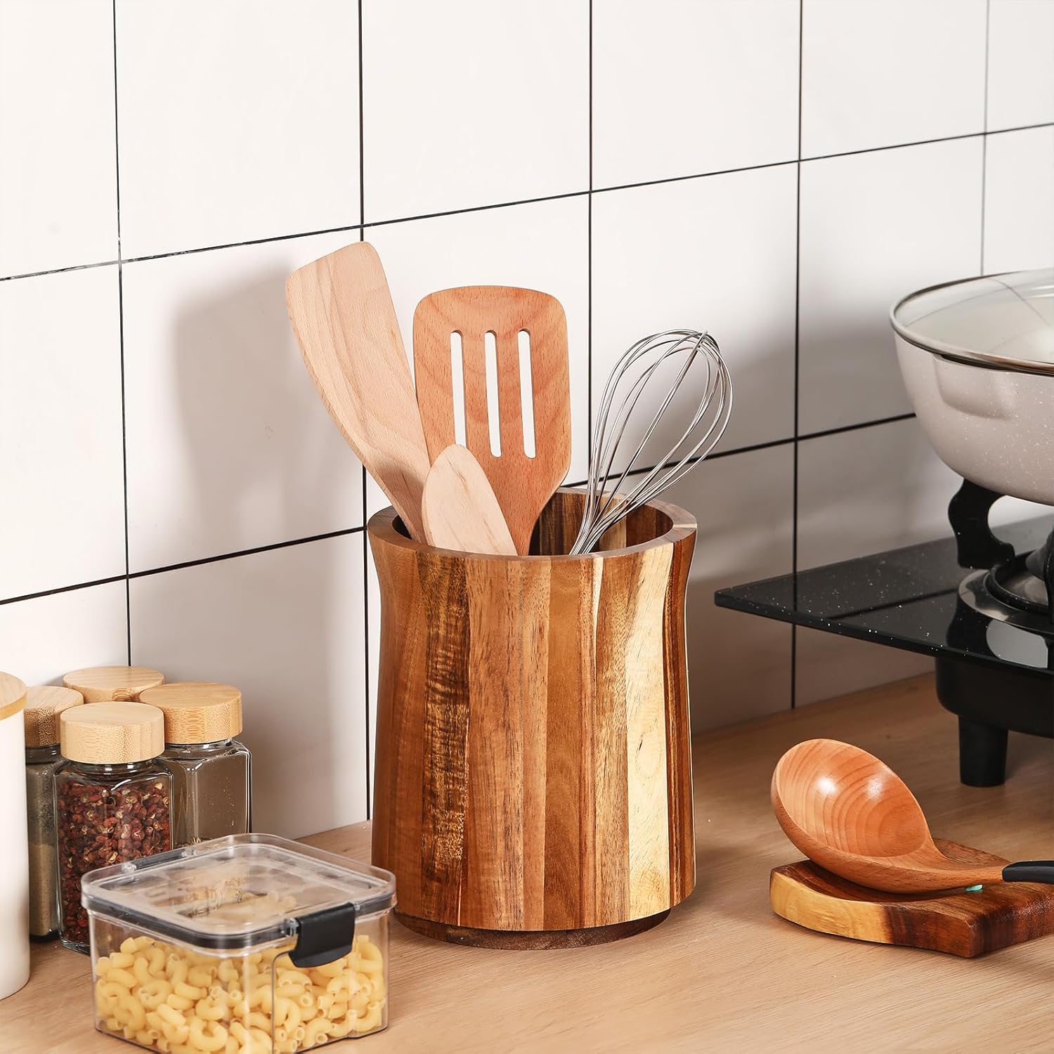 木製食器ホルダー 360&deg;回転キッチン用品クロックオーガナイザー 木製スプーンホルダー付き 農家 アカシア ラウンドクッキングデコレ
