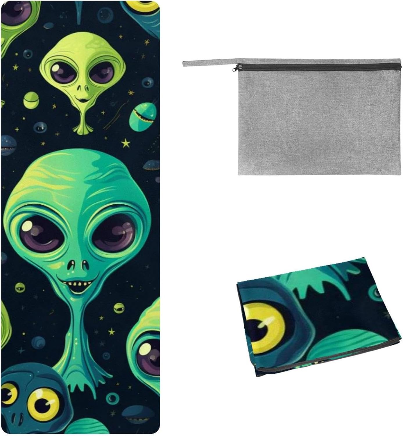 Yoga Towel, Outer Space Alien Pattern Non Slip Sweat Absorbent Hot Yoga Mat Towel for Hot Yoga, Pilates and Fitness - 72.8" x 26.8"