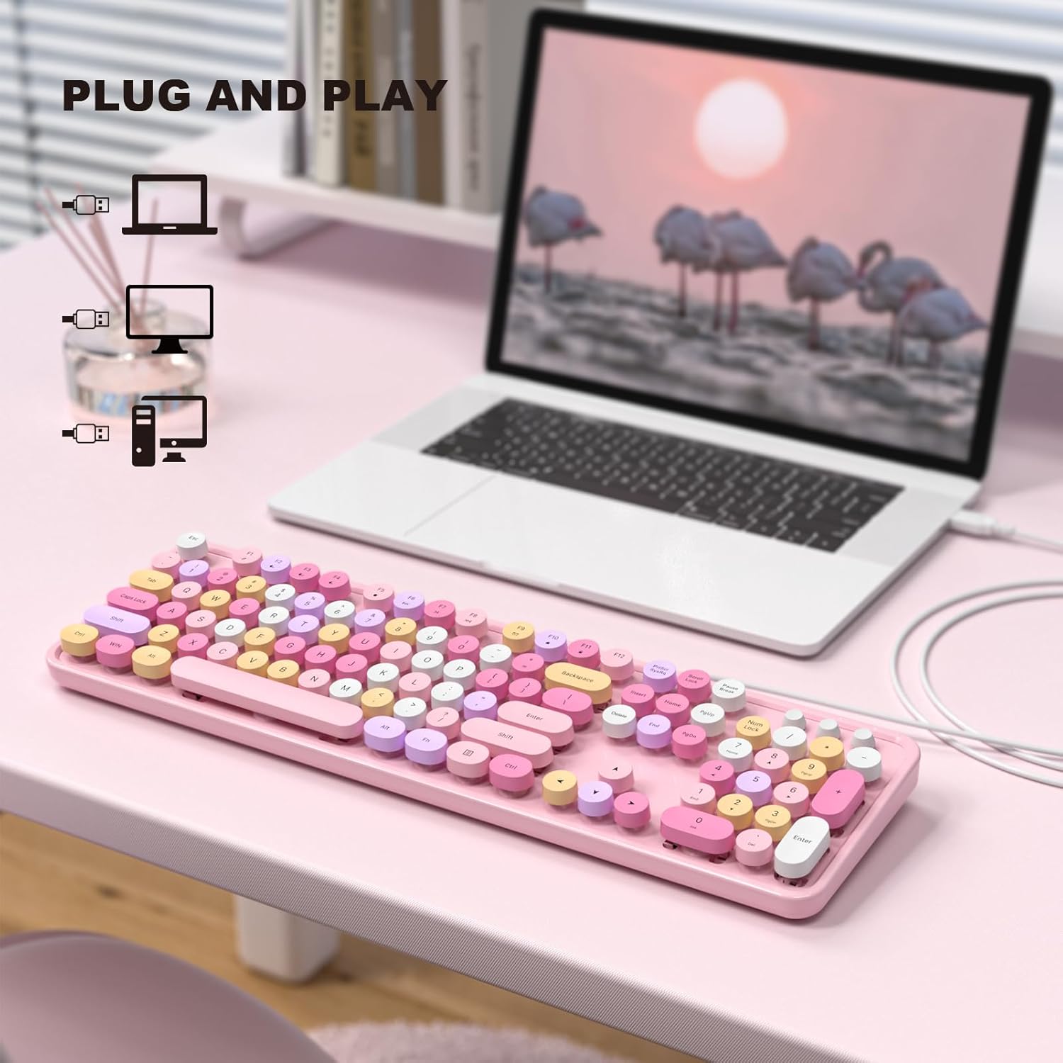 MOFII Wired Full Size USB Keyboard, Colorful Retro Round Typewriter Keyboard with Foldable Stands for Windows PC Laptop (Pale Pink) - Image 2
