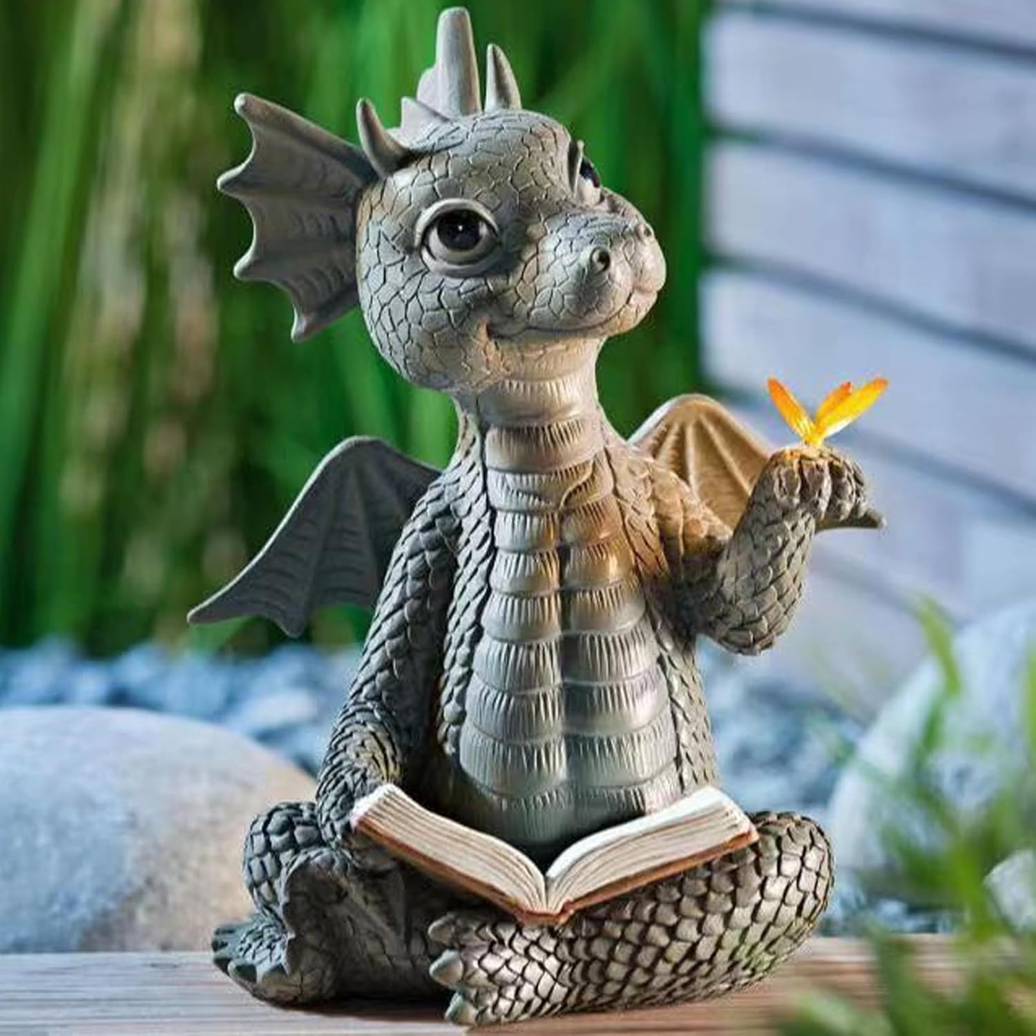 Zerodis Baby Dragon Reading Book Statue, Garden Dragon Statue Resin Dinosaur Outdoor Sculptures Yard Art Dragon Sculpture Figurines Cute Dinosaur Holding Butterfly Figurines