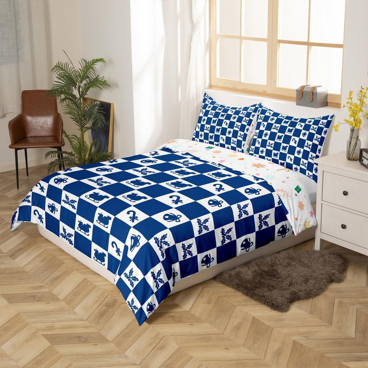 Feelyou Christmas Duvet Cover Twin Size Boys Girls Checkered Pattern Bedding Set Breathable Soft Holiday Theme Comforter Cover,No Comforter 2Pcs Xmas Decorations Bedroom Decor Blue image 2