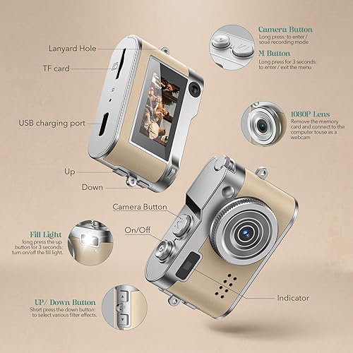 Miniatura 8 de Mini cámara digital vintage, cámara llavero 1080P HD con lente de 2 MP, flash, grabación de video, tarjeta 32G incluida, cámara retro portátil y