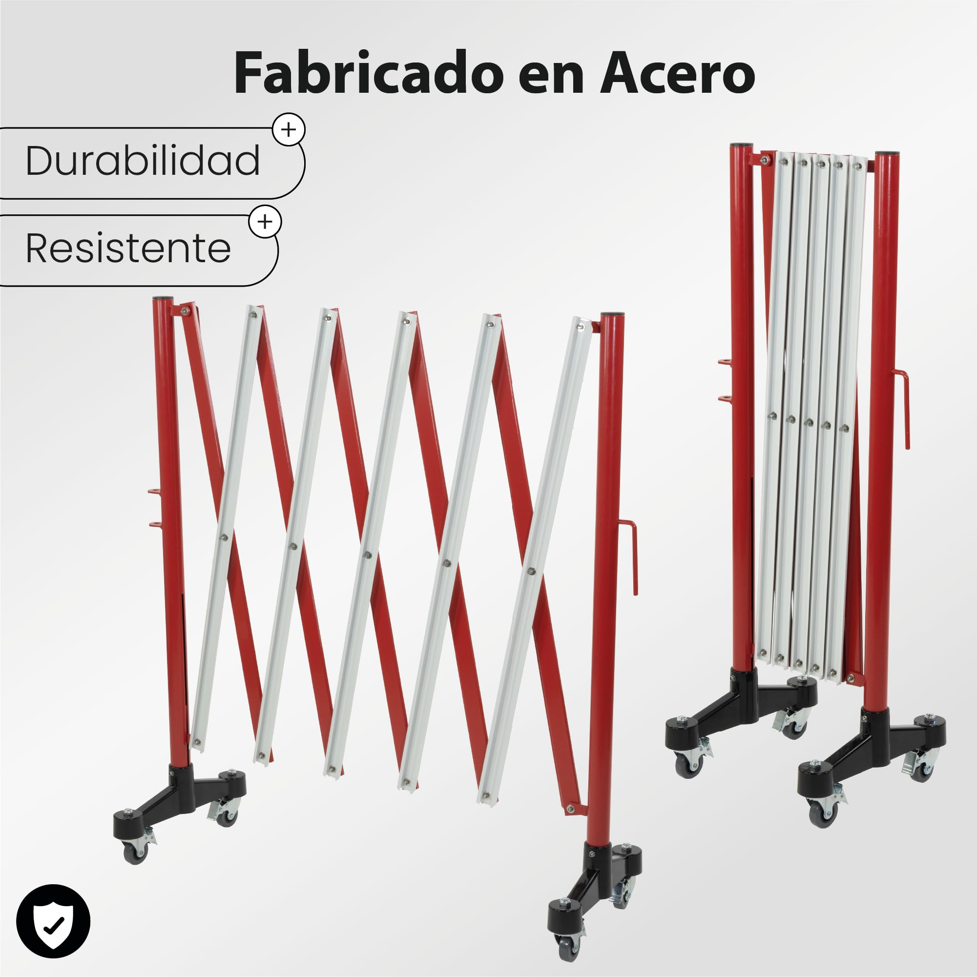 EberSign | Valla Extensible Recta de 3m con Ruedas, Barrera de Acero Portátil (Blanco/Rojo)