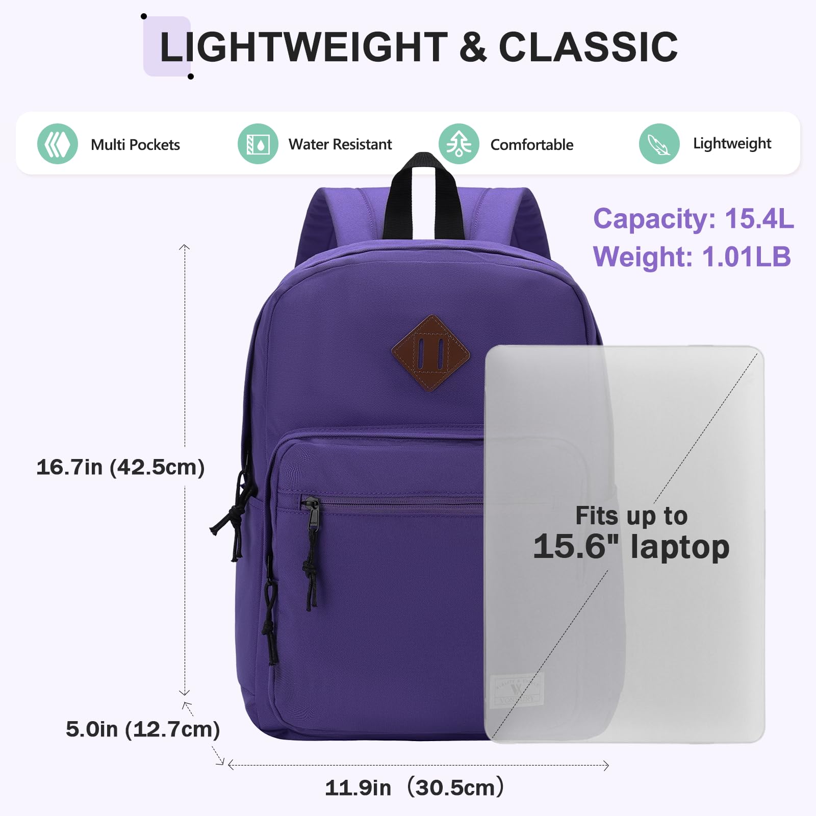 VX VONXURY Zaino per uomo e donna, zaino leggero per bambini, borsa classica per computer portatile, per università, lavoro, viaggi, escursionismo, Viola, 11.9 x 5.0 x 16.7 inches, Casual