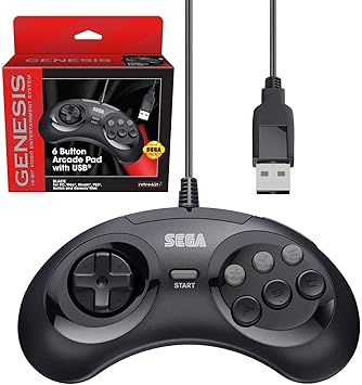 Retro-Bit Official Sega Genesis USB Controller 6-Button Arcade Pad for Sega Genesis Mini, PS3, PC, Mac, Steam, Nintendo Switch - USB Port (Black)