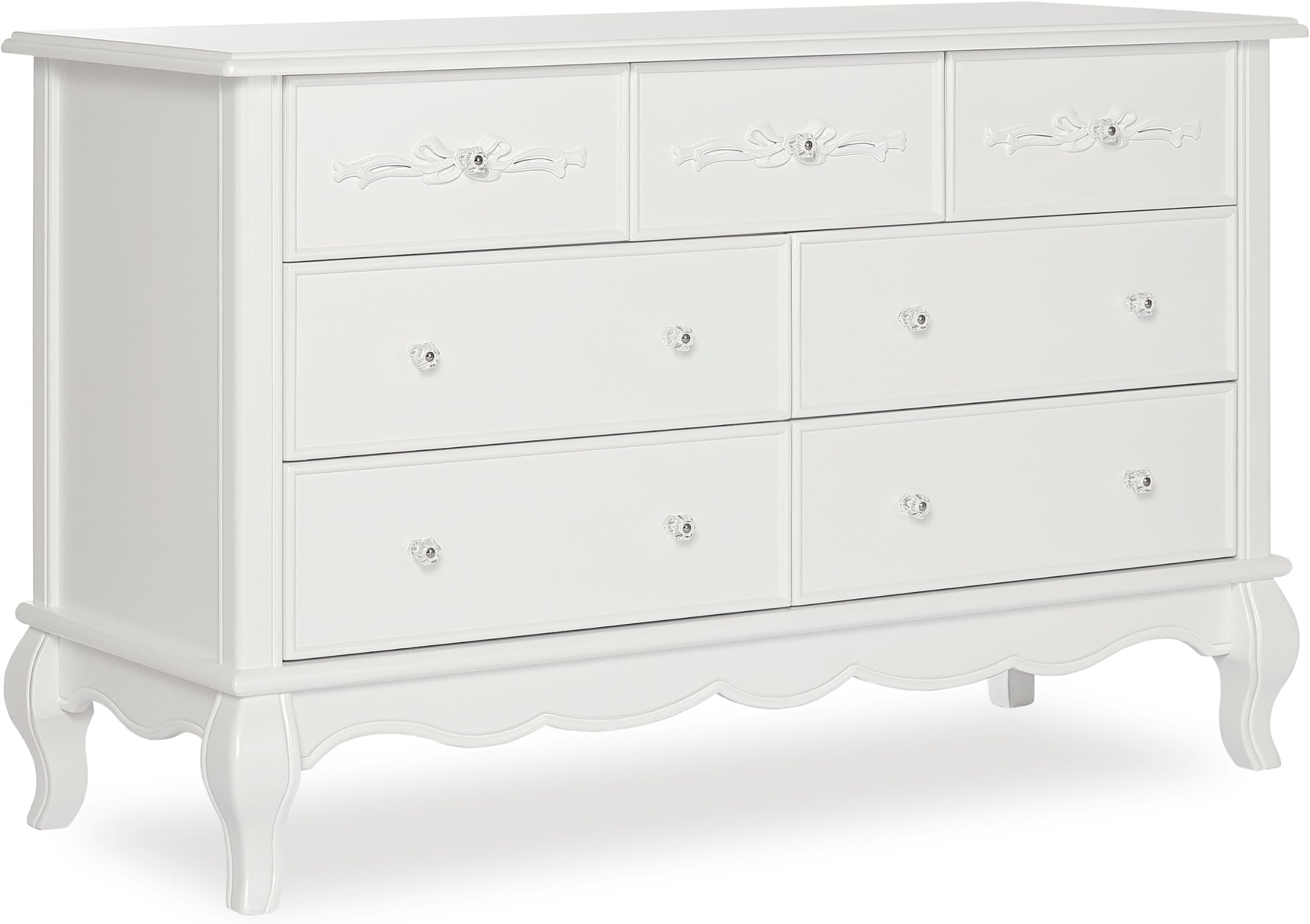 Aurora 7-Drawer Double Dresser, Assembled Baby Dresser with Crystal Knobs, Queen Anne Feet & Spacious Storage for Nursery Essentials in Frost White