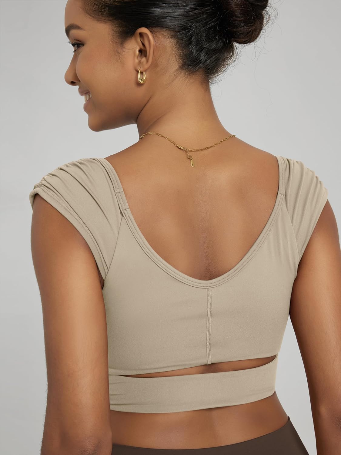 ODODOS Ruched Front Crop Tank for Women V-Neck Cut Out Back Cap Sleeve Cropped Tops - Image 4