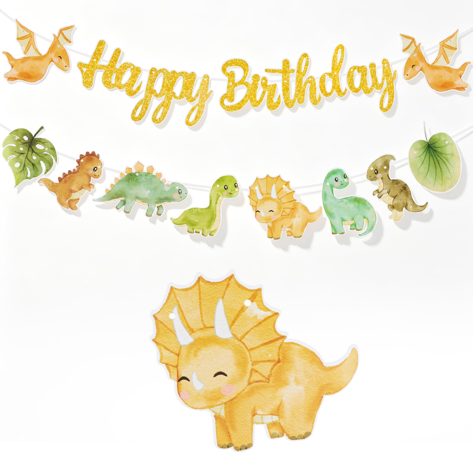 Dinosaur Birthday Banner for Boys Girls, Happy Birthday Bunting with T-Rex Triceratops Stegosaurus, Green Orange Party Decoration for Kids, Reusable Birthday Decor for Him Her — image 1