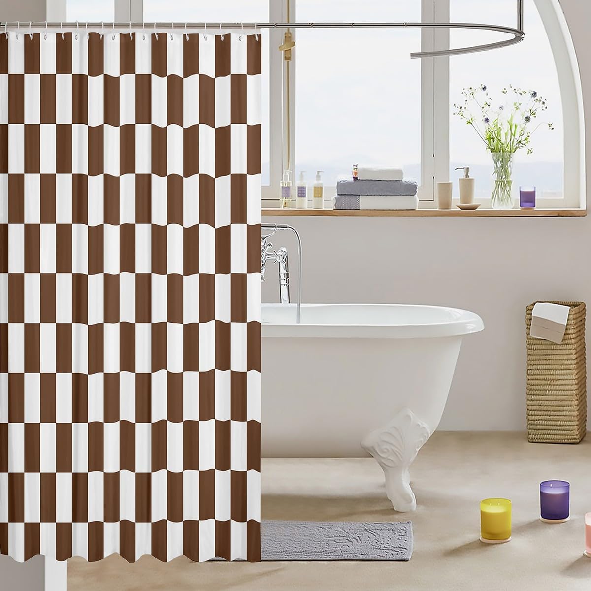 Erosebridal Geometric Grids Bathroom Accessories White Coffee Shower Curtain Aesthetic Checkerboard Bathroom Curtain for Kids Adults 72" Wx72 L Modern Fashion Shower Decor image 3