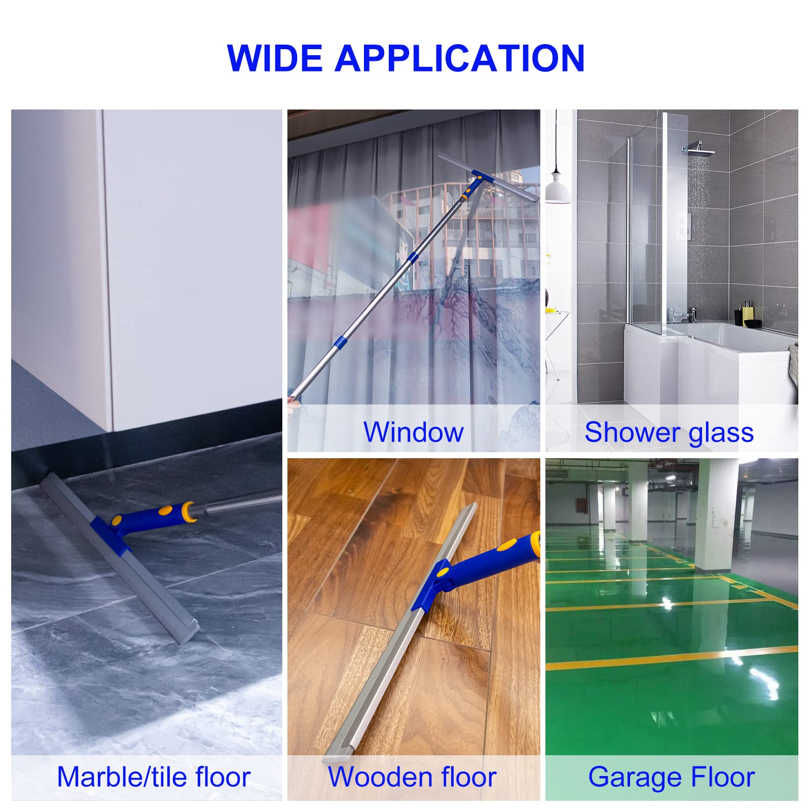 ITTAR Multi-Purpose Floor Squeegee with Adjustable Long Handle, 18" Rubber Blade with Sturdy Stainless Steel Pole, Solid Natural Silicone Squeegee Scrubber for Tile, Patio, Garage, Shower, Window