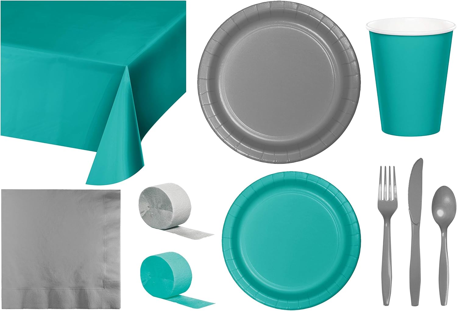 Baxters Party Bundle Bulk, Tableware for 24 People Teal Green and Silver, 2 Size Plates Napkins, Paper Cups Tablecovers and Cutlery, Box of 199