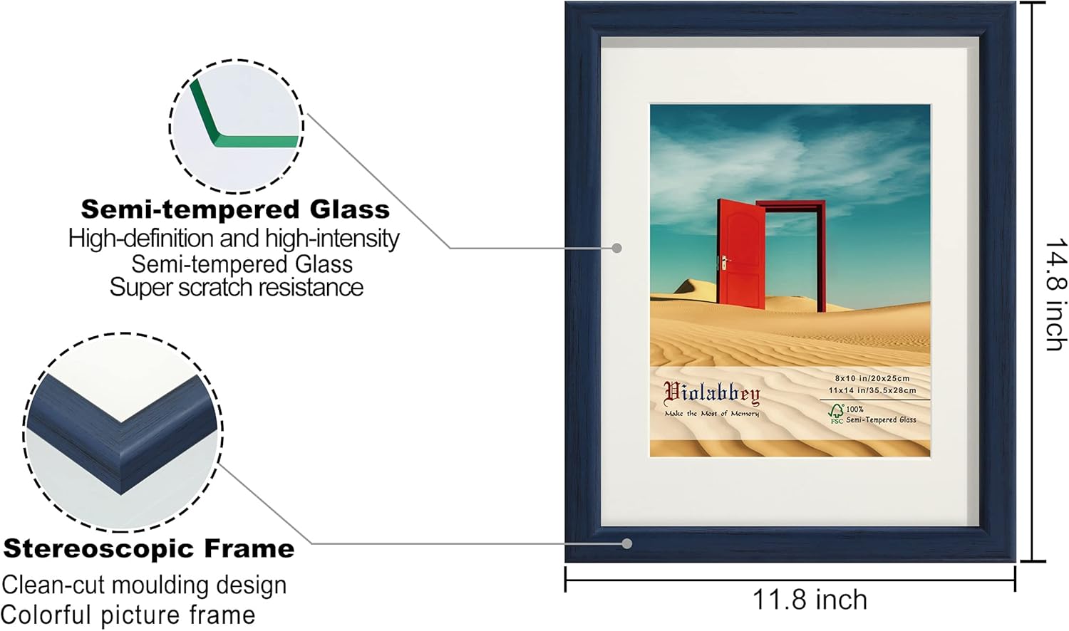 VIOLABBEY 11x14 Picture Frames Set of 4, Fits 8x10 Photo Frame with Ivory Mat or 11x14 Without Mat, Wall or Tabletop Display, Semi Tempered Glass, Blue