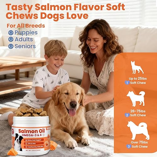 Miniatura 4 de Suplemento de aceite de salmón para la piel y el pelaje de perros, aceite de pescado omega 3 masticable con ácidos grasos EPA y DHA, alivio de la