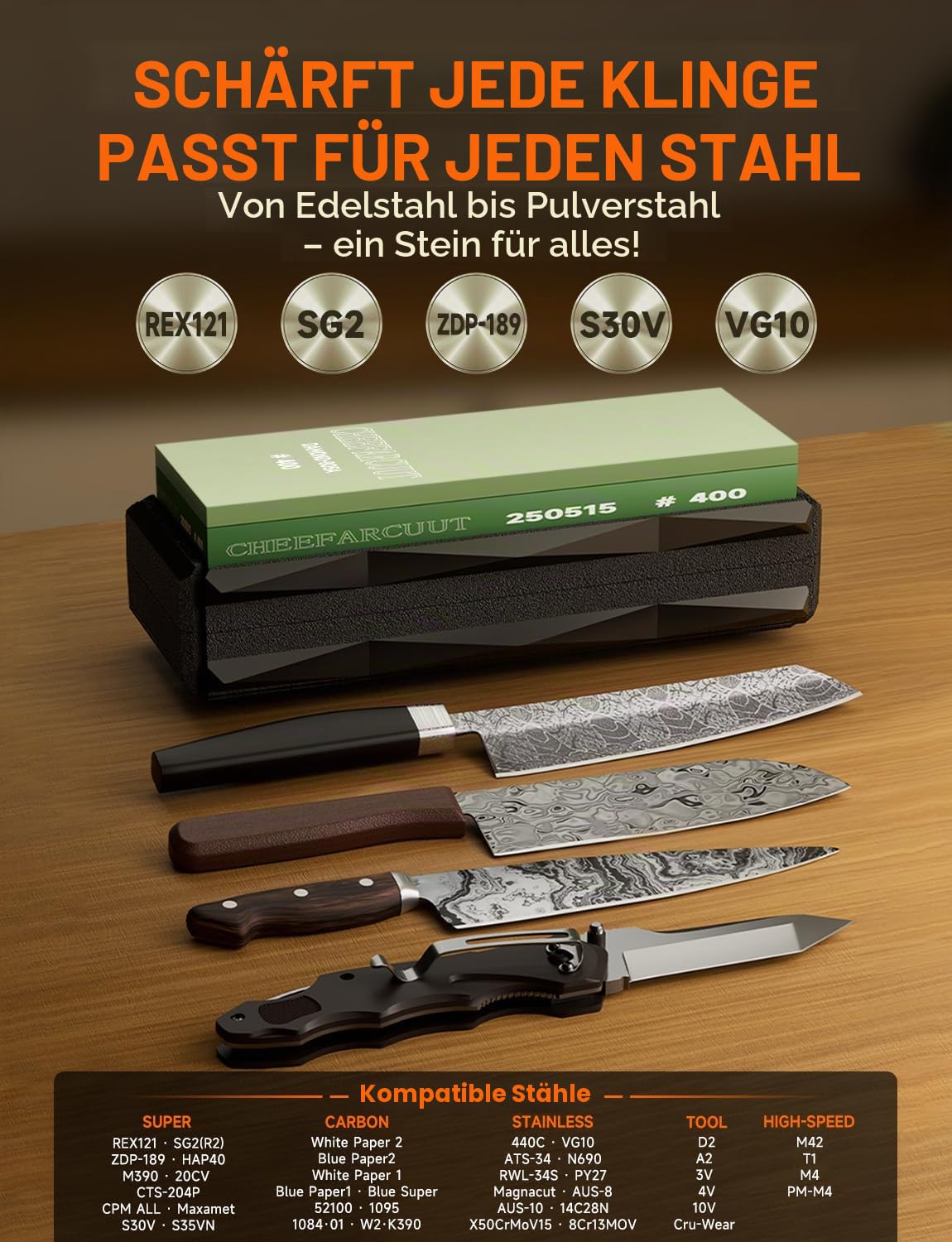 Messerschärfstein-Kits, [5 x schnelleres Schneiden] Pro-400 Körnung, Dimaond Schleifstein, Messerschärfer mit voraufgetragenem Diamant-Leder-Streichriemen, Winkelwerkzeugen und rutschfester Basis, für