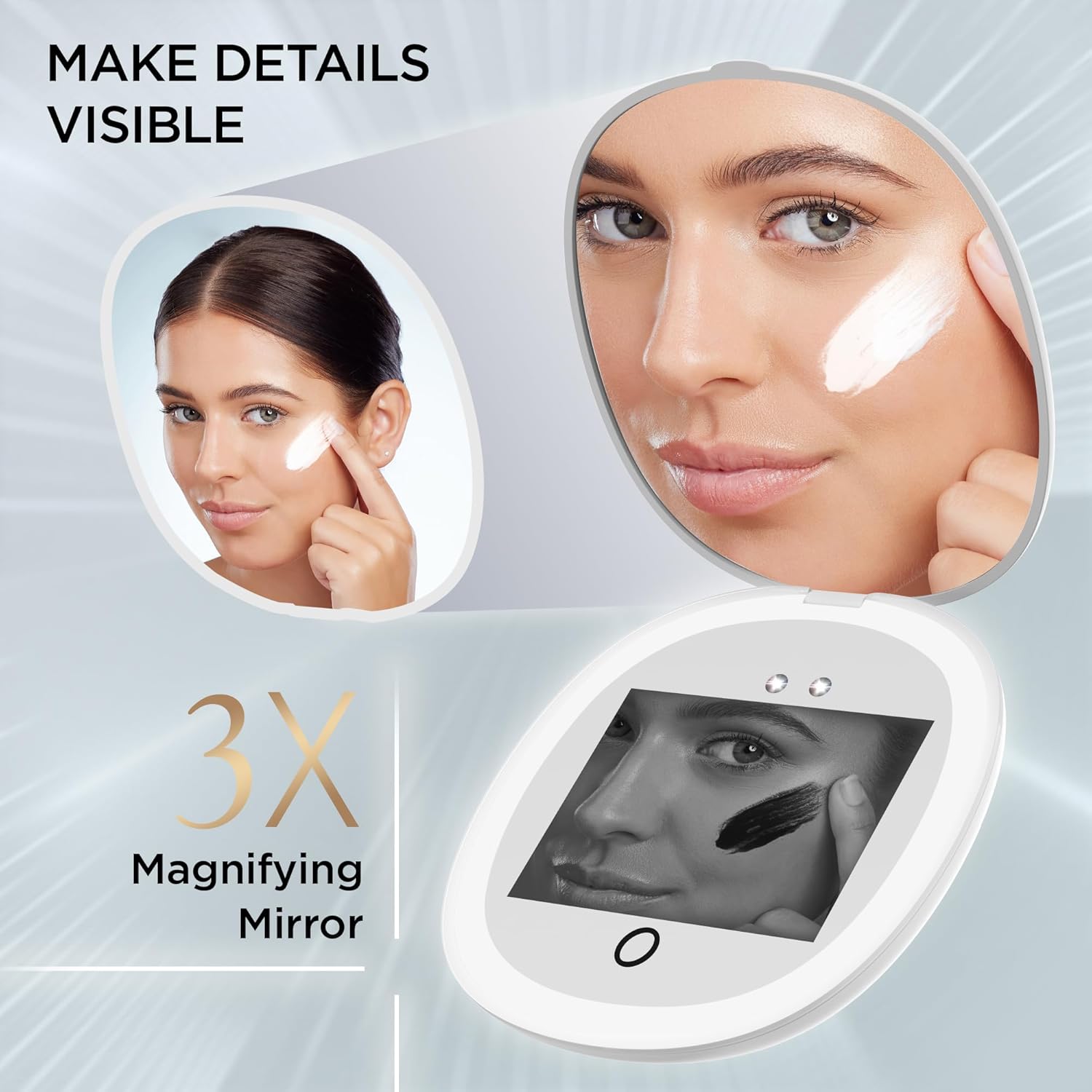 HAMMSOM UV Mirror for Sunscreen Test with UV Camera, Sun Protection Visualization Travel Makeup Mirror with LED Light and 3X Magnification Pocket Mirror