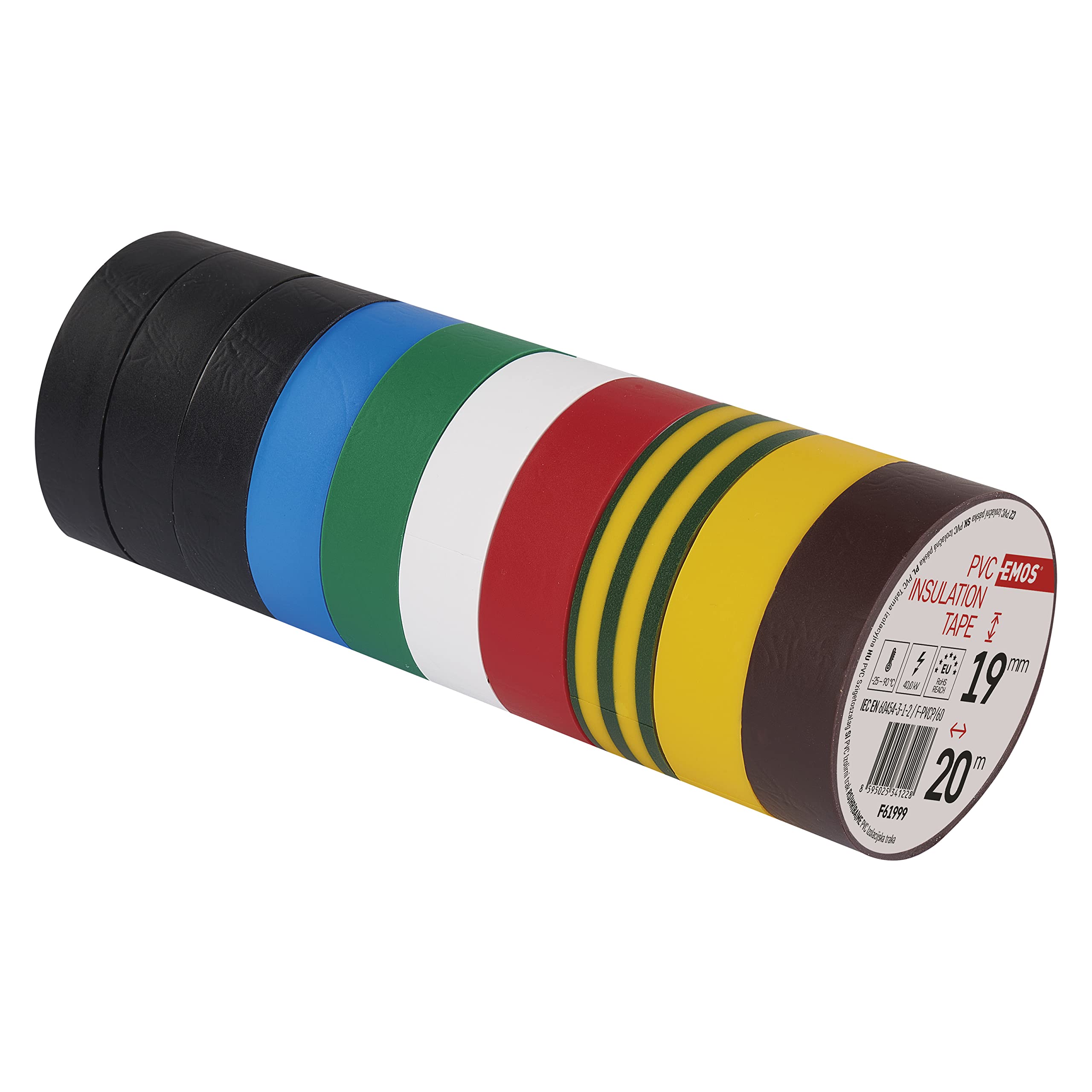 EMOS PVC Insulation Tape Mix Pack of 10, 19 mm x 20 m, 0.13 mm Tape Thickness, Self-Adhesive, High Tensile Strength and Application Temperature Range, UV-Resistant, Waterproof Connection, without
