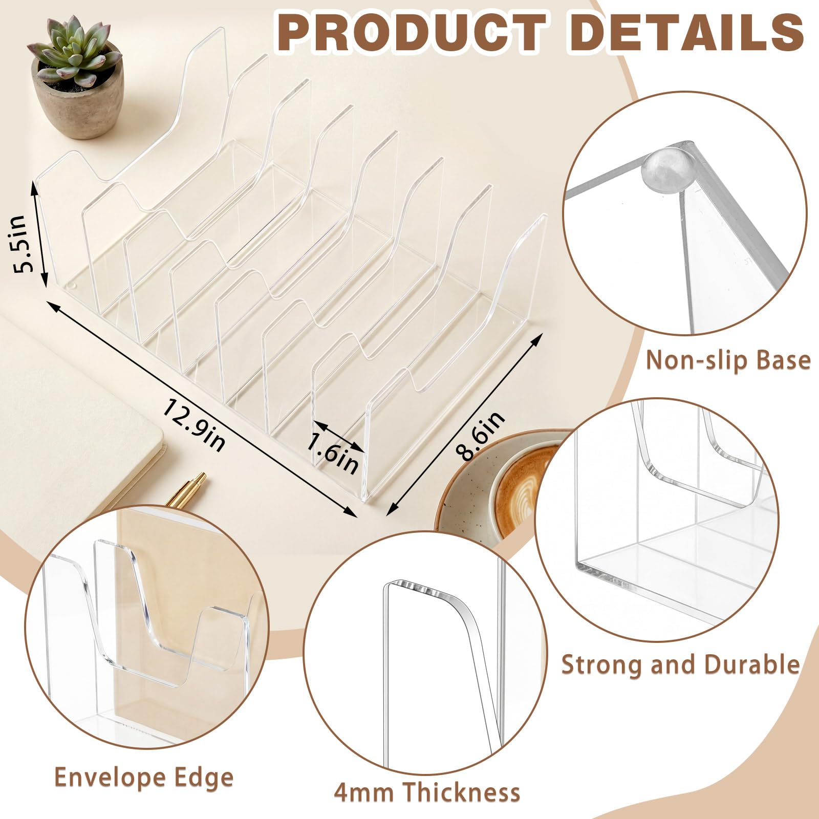 Wenqik Organizer verticale in acrilico trasparente da scrivania, 4 mm di spessore, grande capacità, organizer verticale per riviste, libri, quaderni, buste, porta posta (7 sezioni)