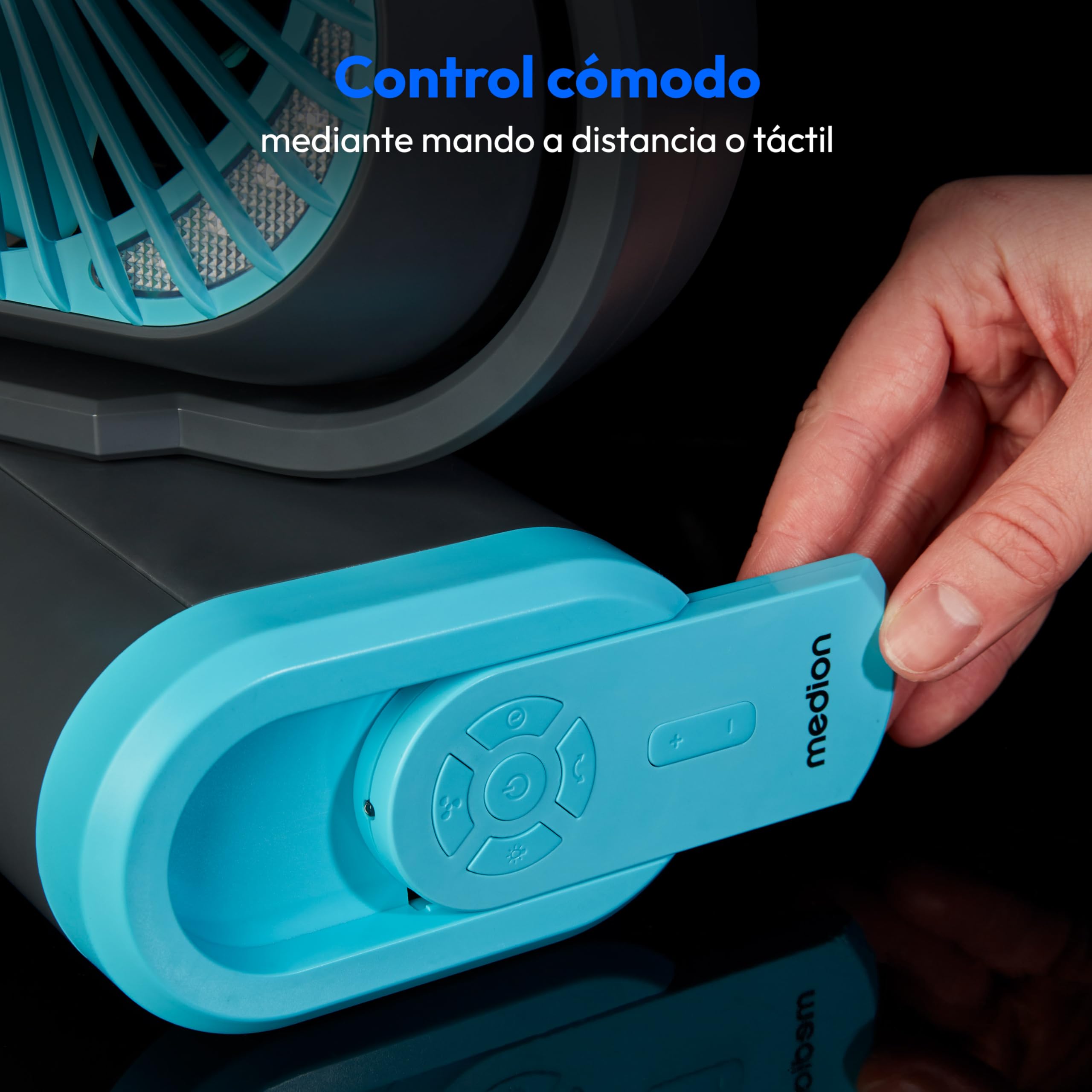 MEDION Ventilador E10 TF (batería, mini ventilador USB pequeño con luz, mando a distancia, 5 niveles, oscilación, gancho para colgar, función powerbank, ideal para oficina camping tienda), verde