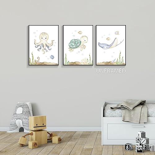 Miniatura 4 de Yuaruo Lienzo decorativo para la pared del cuarto del bebé, 3 piezas bajo el mar, póster de arte artístico de tortuga acuática de la vida linda con