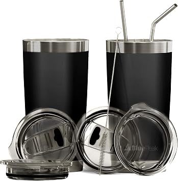 BluePeak Double Wall Vacuum Stainless Steel Insulated Tumblers Set, 2-Pack - Includes 2 Sipping Lids, 2 Spill-Proof Sliding Lids, 2 Straws, 1 Cleaning Brush & Gift Box 20 oz, Black