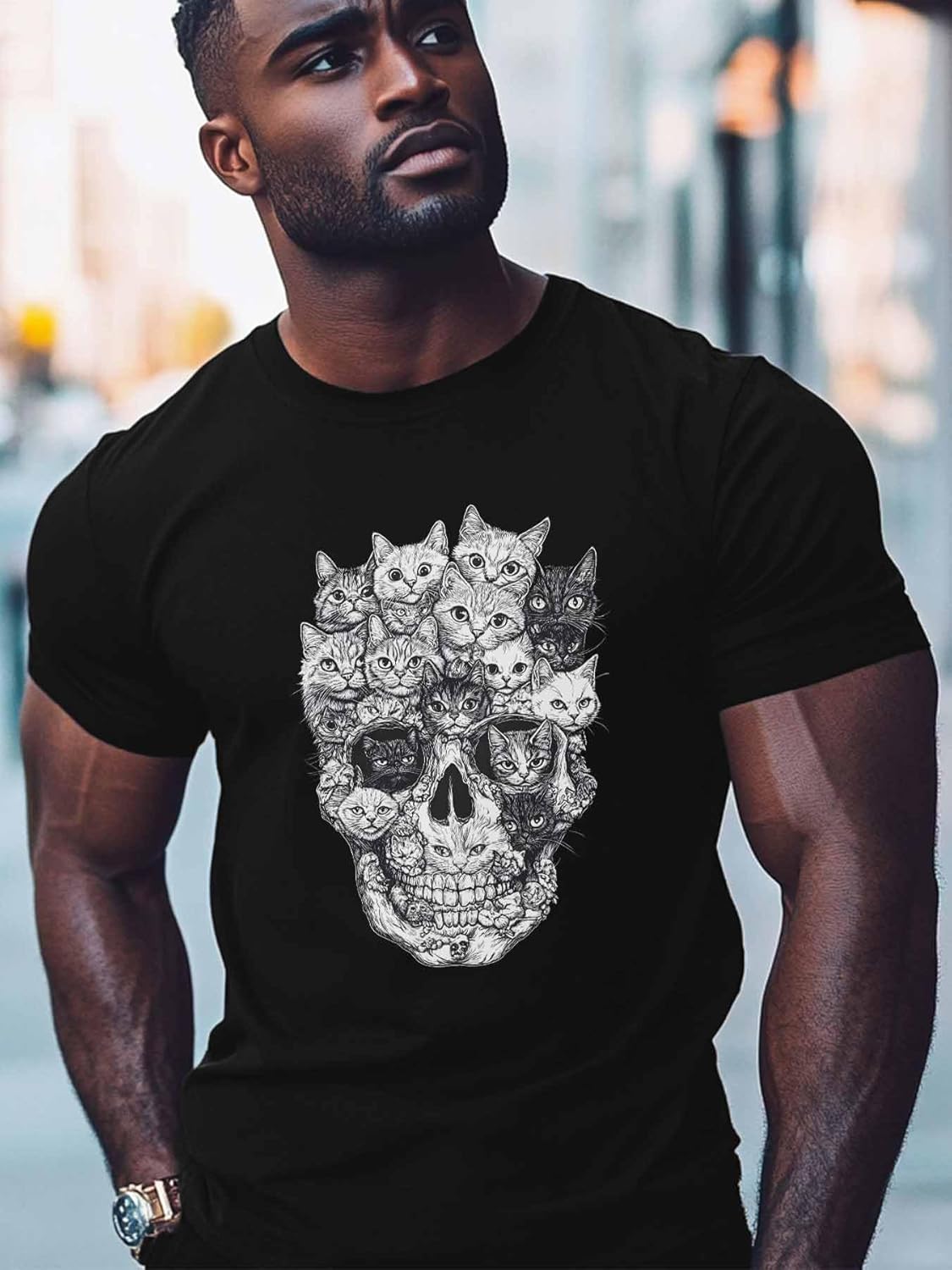 Men's T-Shirts Skull Head with Cats Crew Neck Short Sleeve Graphic Tees - Image 2