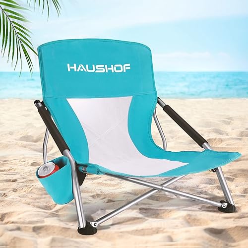 HAUSHOF Silla de playa baja, silla plegable con respaldo de malla, sillas de camping ligeras de asiento bajo con soporte para tazas, bolsa de