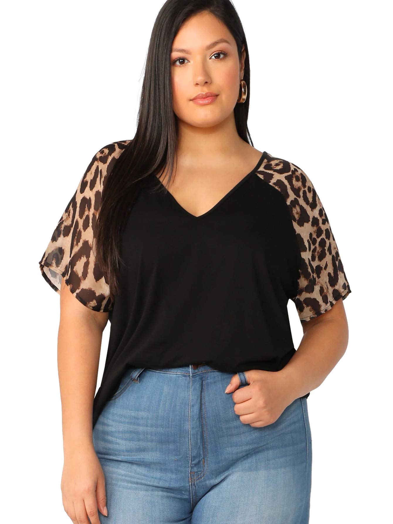 Romwe Women's Plus Size V-Neck Leopard Raglan Short Sleeve Blouse Casual Loose Shirt Tops Black-Blue