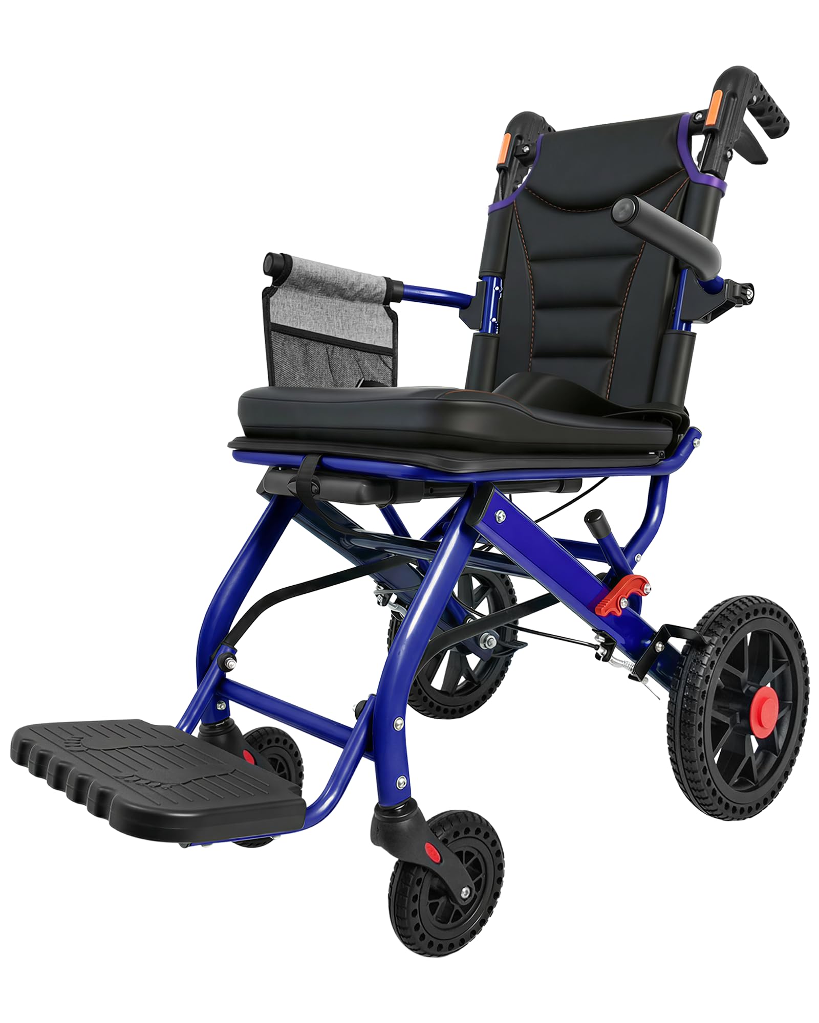 Photo 1 of Ultra Lightweight Folding Wheelchair for Seniors & Adults, Portable Transport Chair, 12" PU Rear Wheels, Supports 300lbs, Compact for Daily Use & Travel, Blue