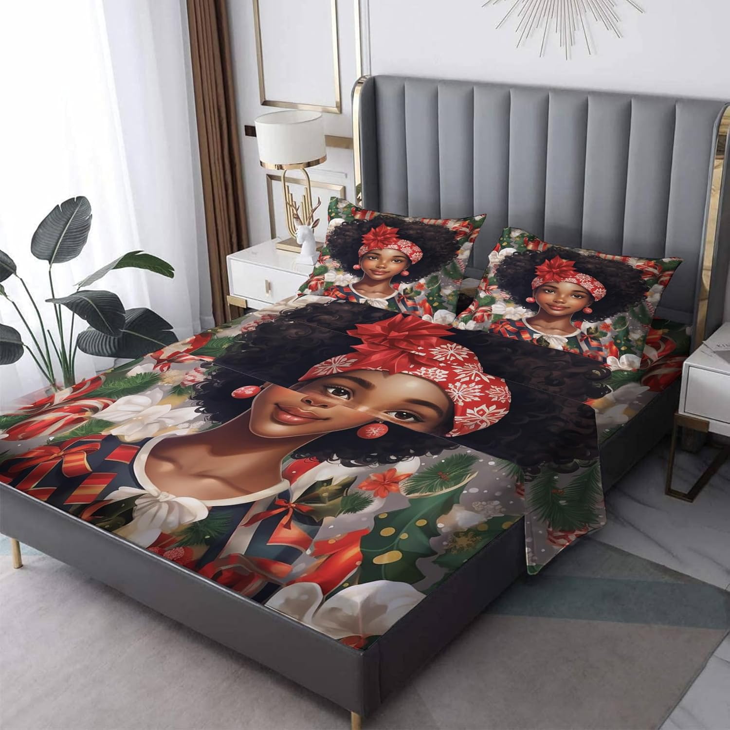 Christmas Cat Sheets Full Size - Cute Kitten Bed Sheets, Soft Microfiber & Deep Pocket & Wrinkle Free Patterned Bedding Sheets & Pillowcases, 4 Piece ( 1 Fitted Sheet, 1 Flat Sheet, 2 Pillow Cases )