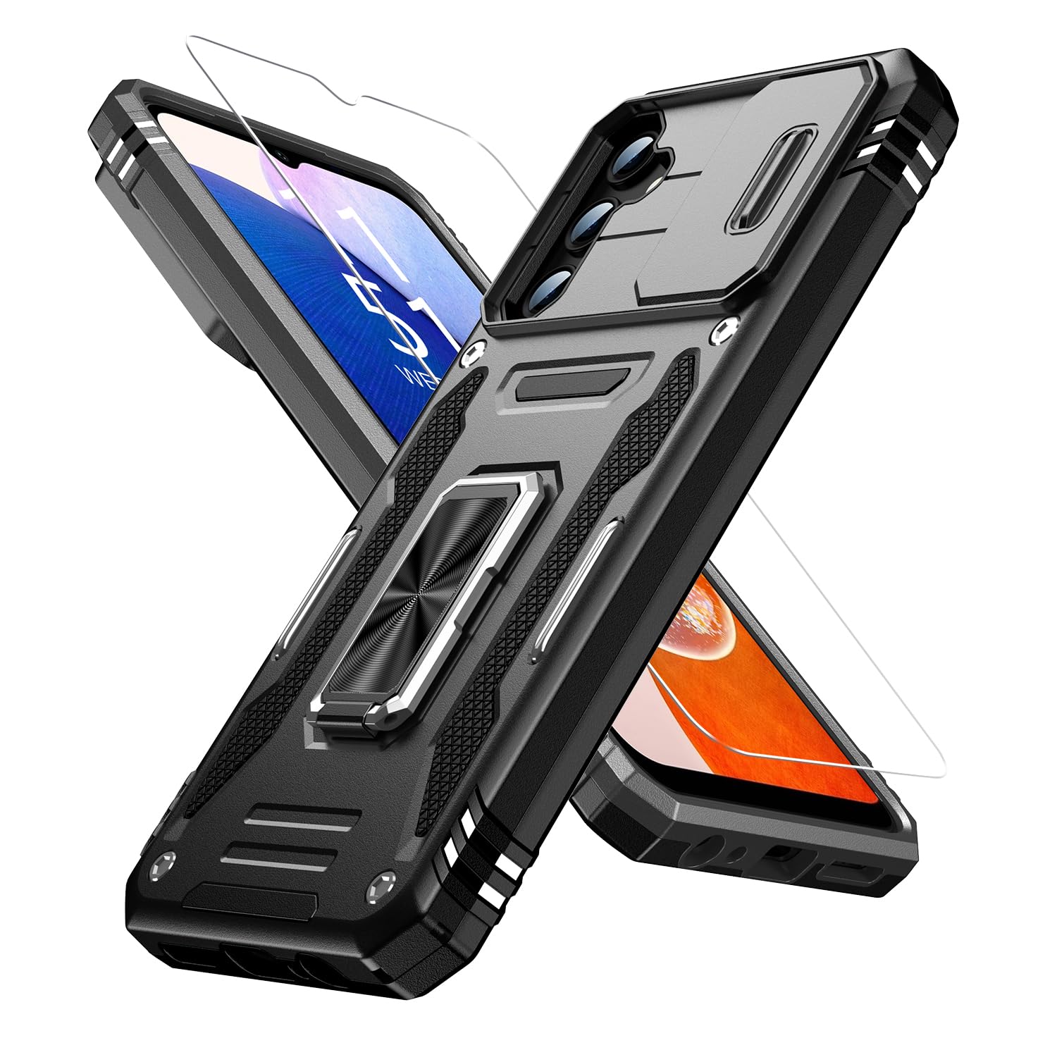 FUNMIKO for Samsung Galaxy A13 Case/ A04 S Case with Upgraded Sliding Camera Lens Protector and Strong Magnetic Kickstand,Military-Grade Shockproof Protective Phone Cover for Men Women Girls,Black