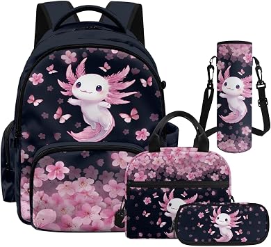 Showudesigns Cherry Blossoms Axolotl Backpack for Girls 6-8 8-12 Cute School Bookbag Elementary School Backpacks Lunch Box Pencil Case Water Bottle Carrier Kids Lightweight Schoolbag