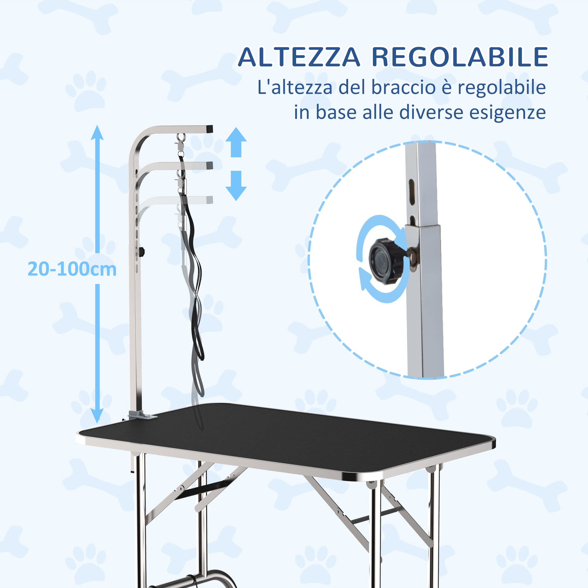 PawHut Tavolo da Toelettatura e Tosatura con Ripiano e Gambe Pieghevole | per Cani, Gatti e Animali, Gambe in Acciaio Inox, Carico 150kg, 90x60x75cm