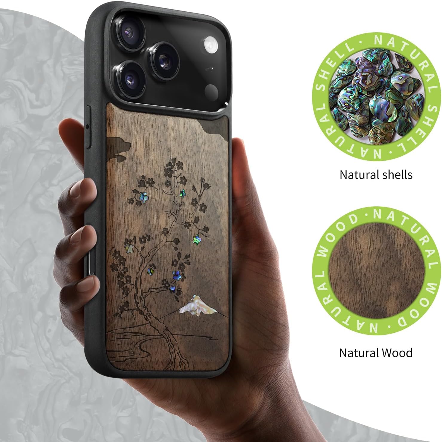 Carveit Magnetic Case for iPhone 17 Pro Max Case, Wood Artisan Engraved & Handmade Shell Inlaid, TPU Shockproof Cover, Compatible with MagSafe Wireless Chargers (Cherry Blossom-Walnut)