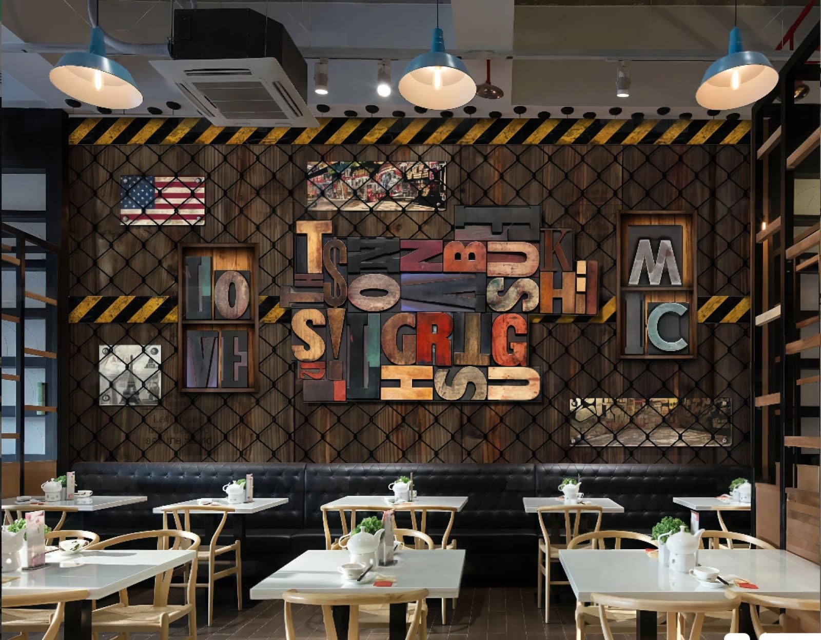 Tapeta nostalgiczny retro drut kolczasty angielskie litery muzyka bar drink sklep zachodnia restauracja tło fototapeta popołudniowa herbata kawiarnia tapeta 3D, 400 x 280 cm
