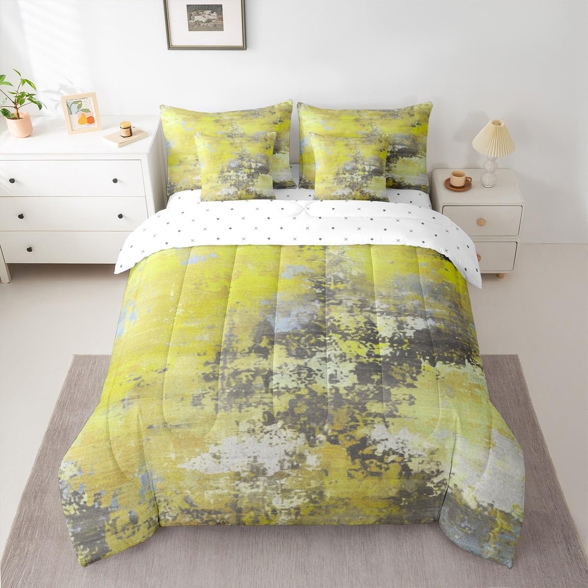 Erosebridal Watercolor Yellow and Grey Comforter Set 7 Pcs,Modern Abstract Art Bedding Set,Tie Dye Bed in A Bag for Kids Boys Girls,Contemporary Artwork Reversible Sheet Set (Yellow Grey,Twin Size)