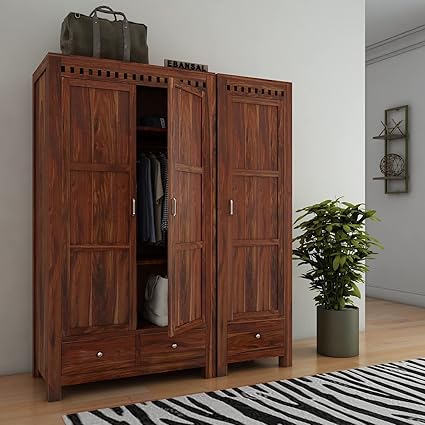 EBANSAL Sheesham Wood Wardrobe for Bedroom | Wooden 3 Door Clothes Cupboard | Solid Wood Almirah with 3 Drawers & Multiple Shelves Storage | Honey