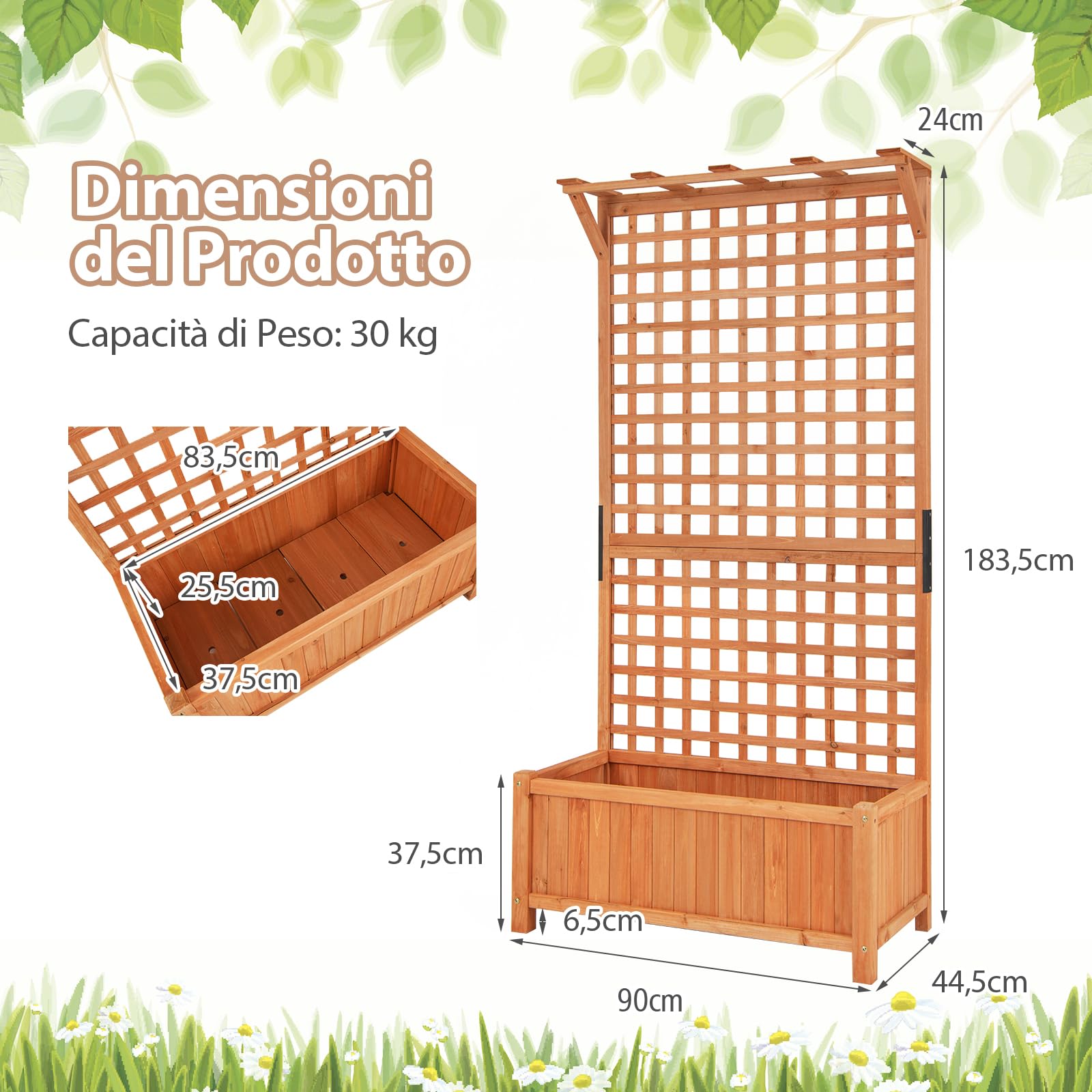 COSTWAY Fioriera da Esterno con Grigliato e Tettuccio, Fioriera in Legno da Interno Esterno con Fori di Scarico, Vaso con Spalliera per Piante Rampicanti Viti Fiori