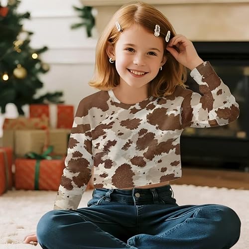 Girls Cropped Sweatshirt Kids Casual Pullover Sweatshirts Long Sleeve Crew Neck Crop Tops for Teen Girls 5-14 Years(Brown Cow Hide Print,7-8 Years)