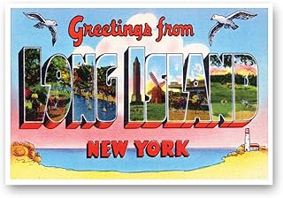 GREETINGS FROM LONG ISLAND, NY vintage reprint postcard set of 20 identical postcards. Large Letter Long Island, New York city name post card pack (ca. 1930's-1940's). Made in USA.