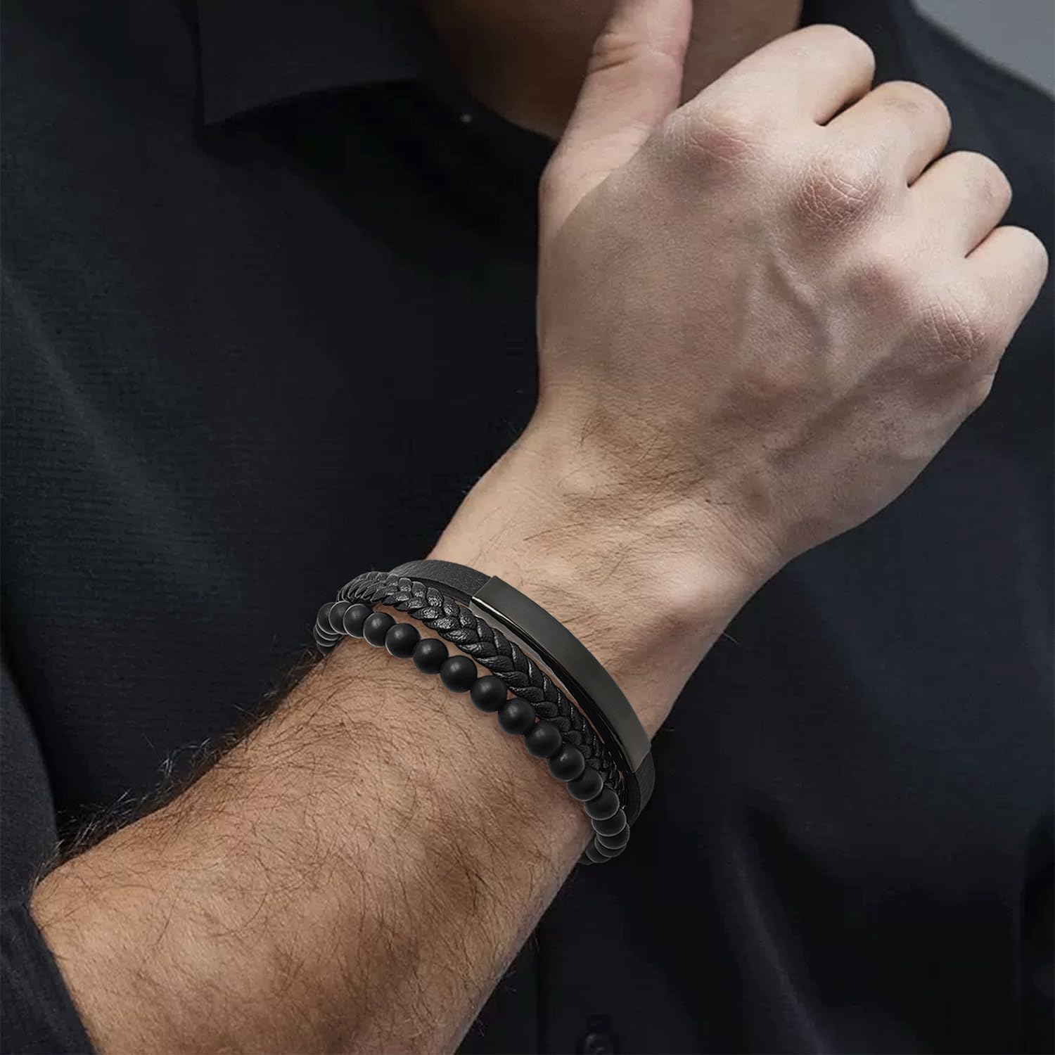 Mens Tiger Eye Matte Black Onyx Beaded Bracelet Black Braided Genuine Leather Bracelet Stainless Steel Bangle 8mm Natural Protection Stone Gifts for Men - Image 2