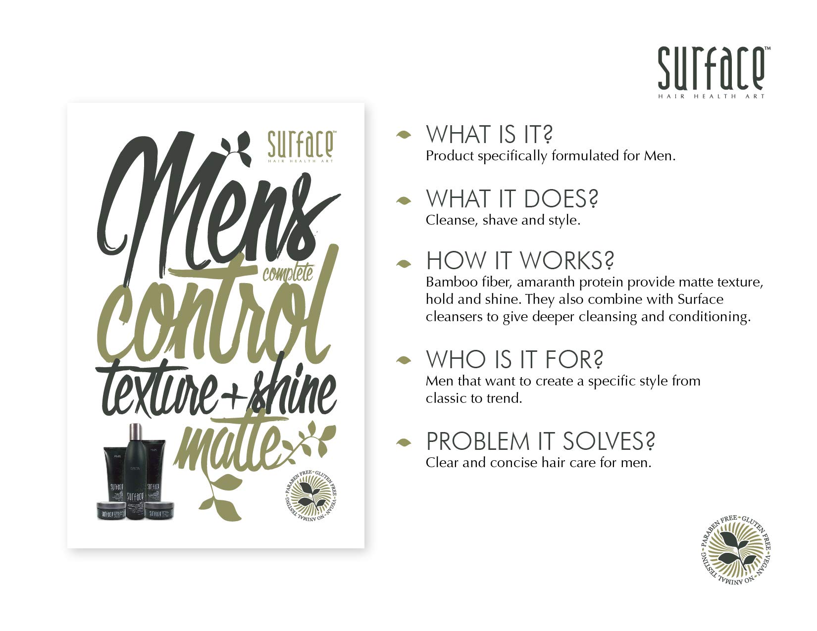 SURFACE Hair Men Styling Mud - Flax and Bamboo Provide Flexible Strong Fibers to Shape Sculpt and Hold Your Matte Style - 2.25 oz