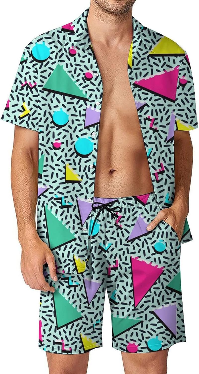 Flygo Men's 2 Piece Hawaiian Shirts and Shorts Set 80s 90s Outfit Summer Beach Suit