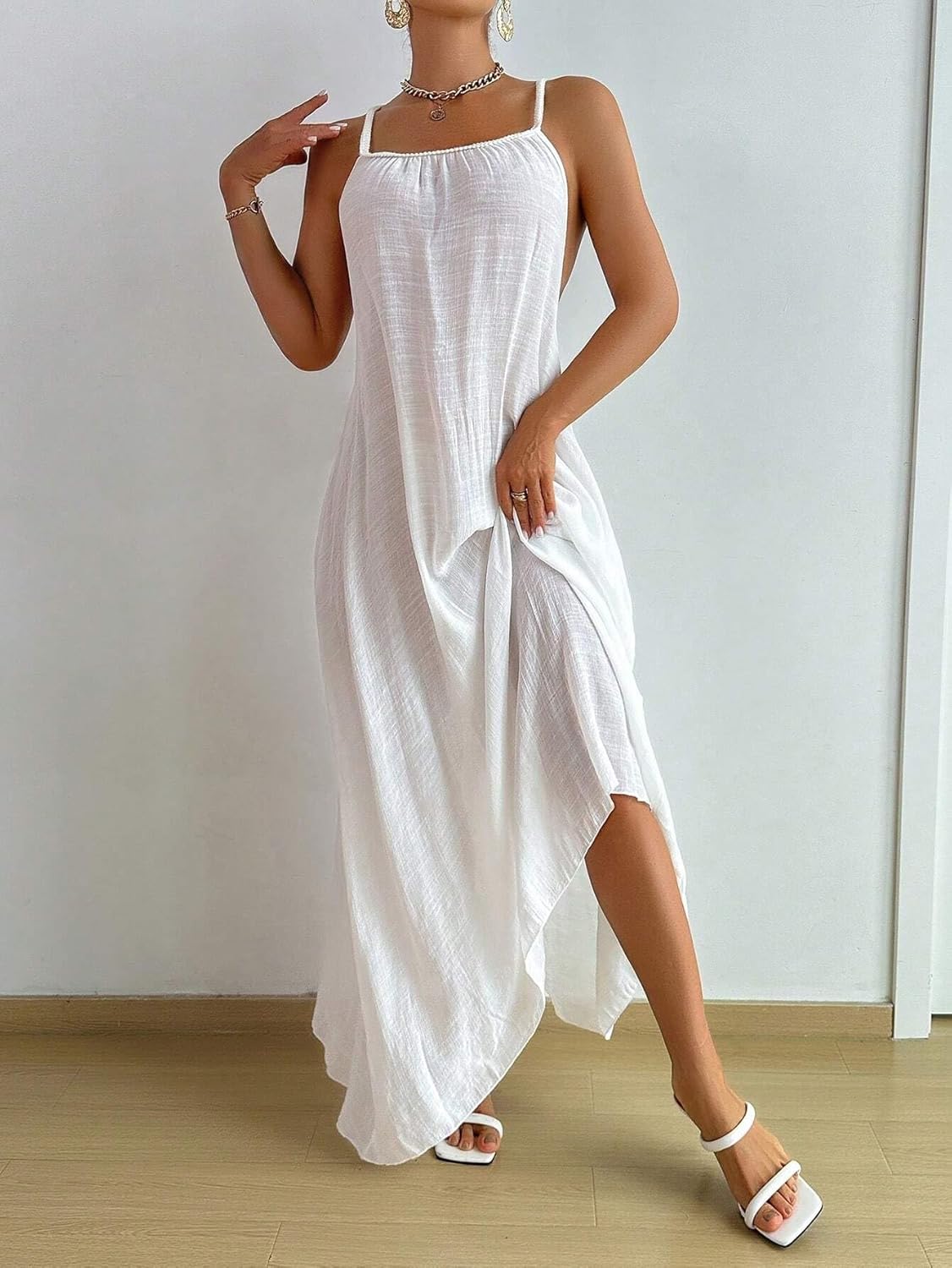 Womens Summer Beach Solid Color Backless Neck Extra-Long Cover-Up Dress cover ups for swimwear