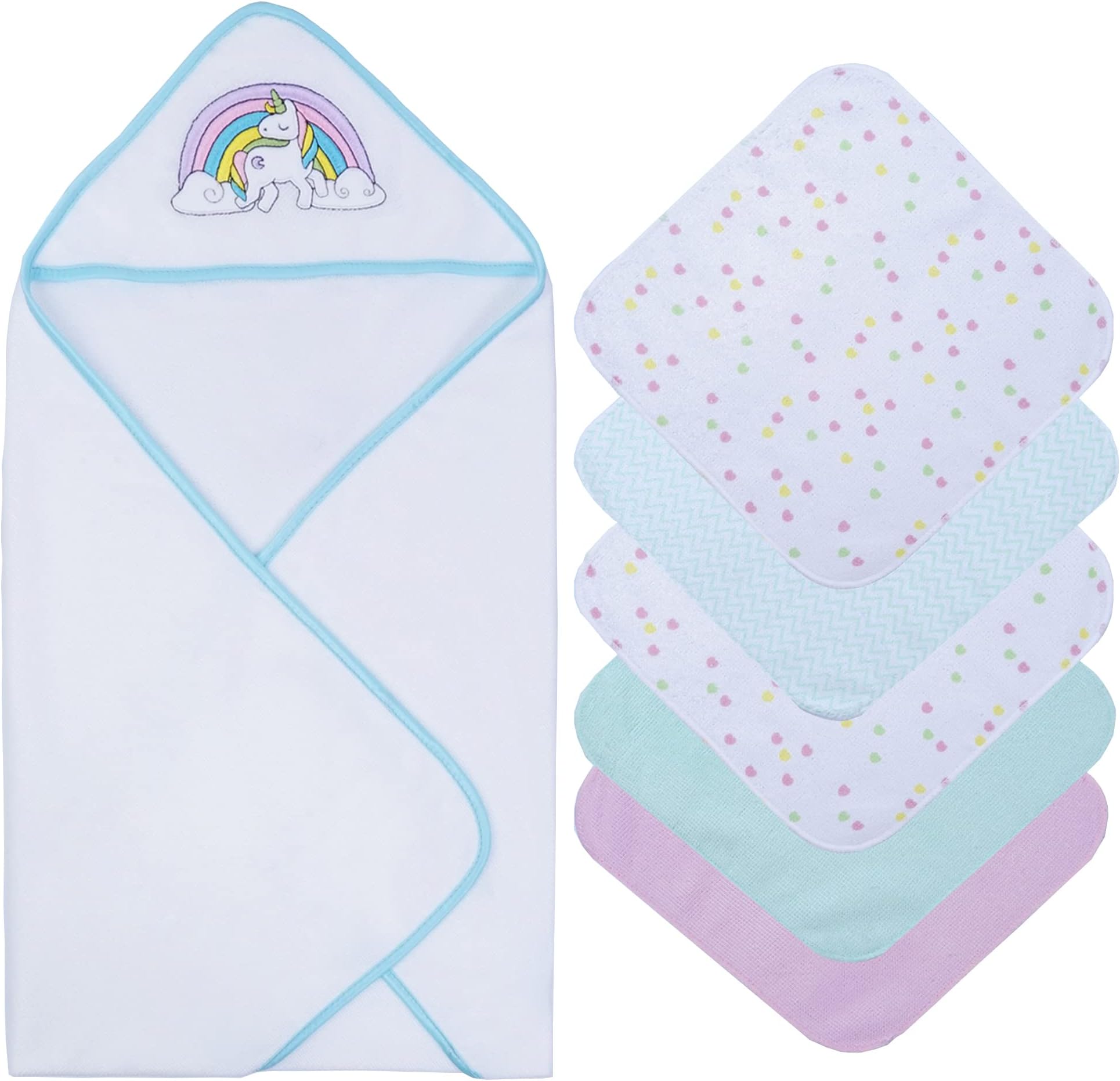 saftan Baby Bath Hooded Towels Set with 5 Baby Washcloths, Super Soft and Absorbent Baby Towel and Face Cloths for Newborn, Baby Essentials for Newborn Boys and Girls