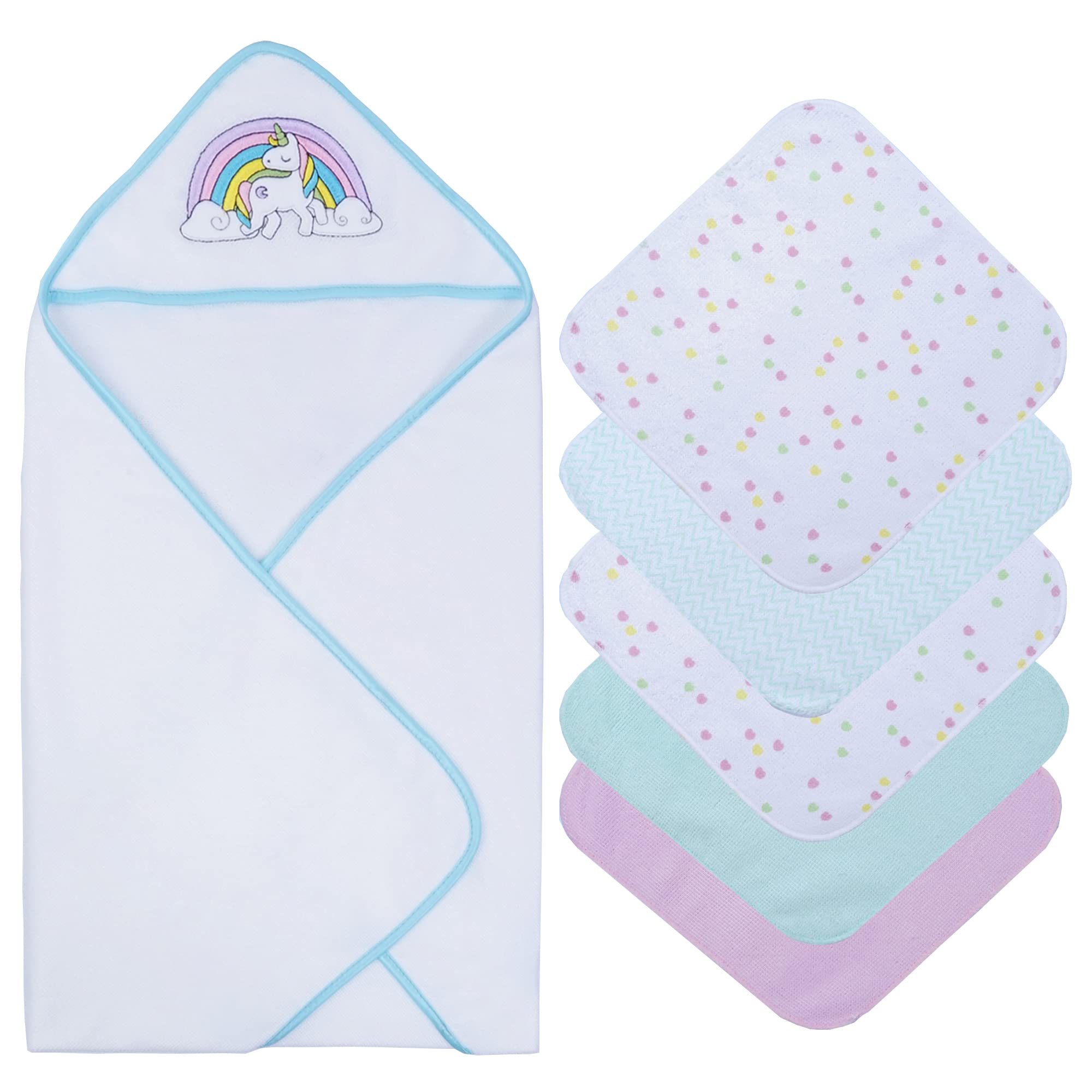 saftan Baby Bath Hooded Towels Set with 5 Baby Washcloths, Super Soft and Absorbent Baby Towel and Face Cloths for Newborn, Baby Essentials for Newborn Boys and Girls