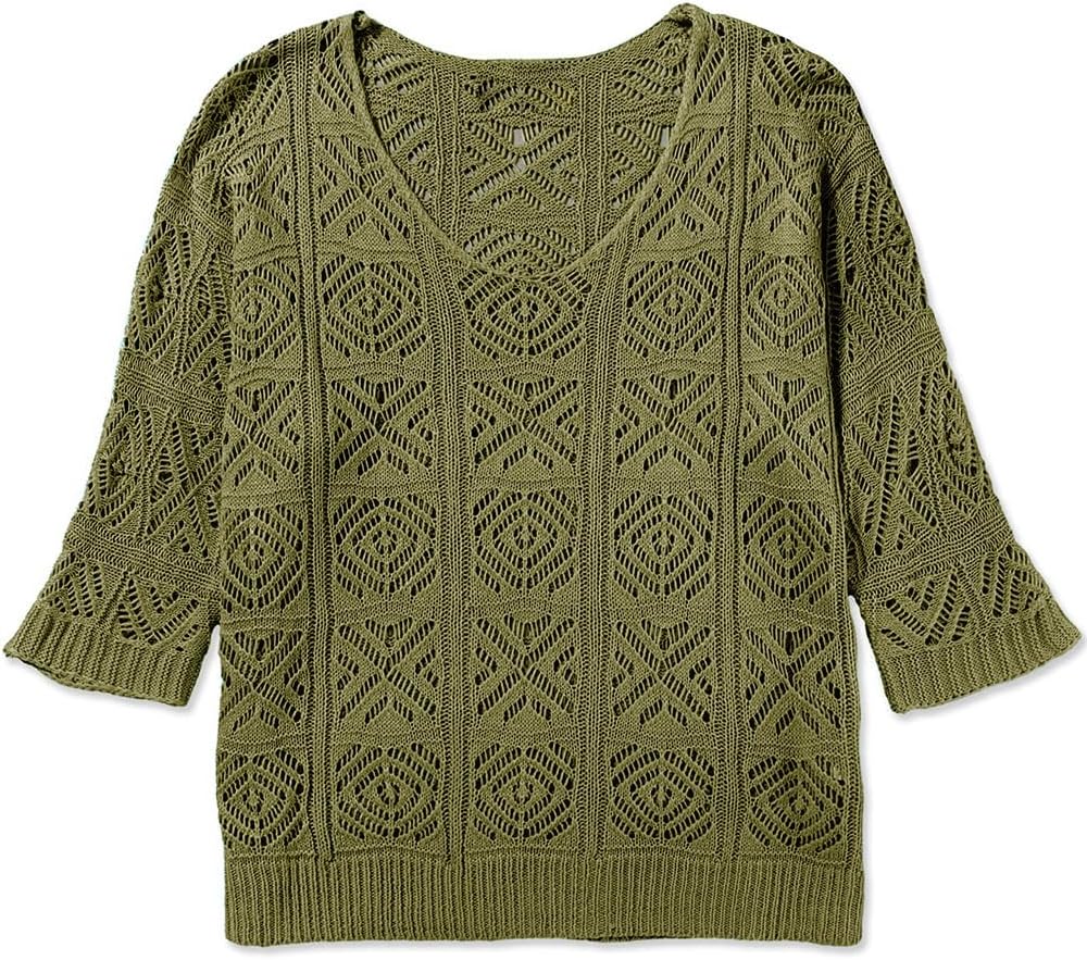 Sidefeel Women's 2025 Spring Summer Crochet Tops Off The Shoulder Hollow Out Knit Tops 3/4 Sleeve Pullover Sweater Cover Ups - Image 8