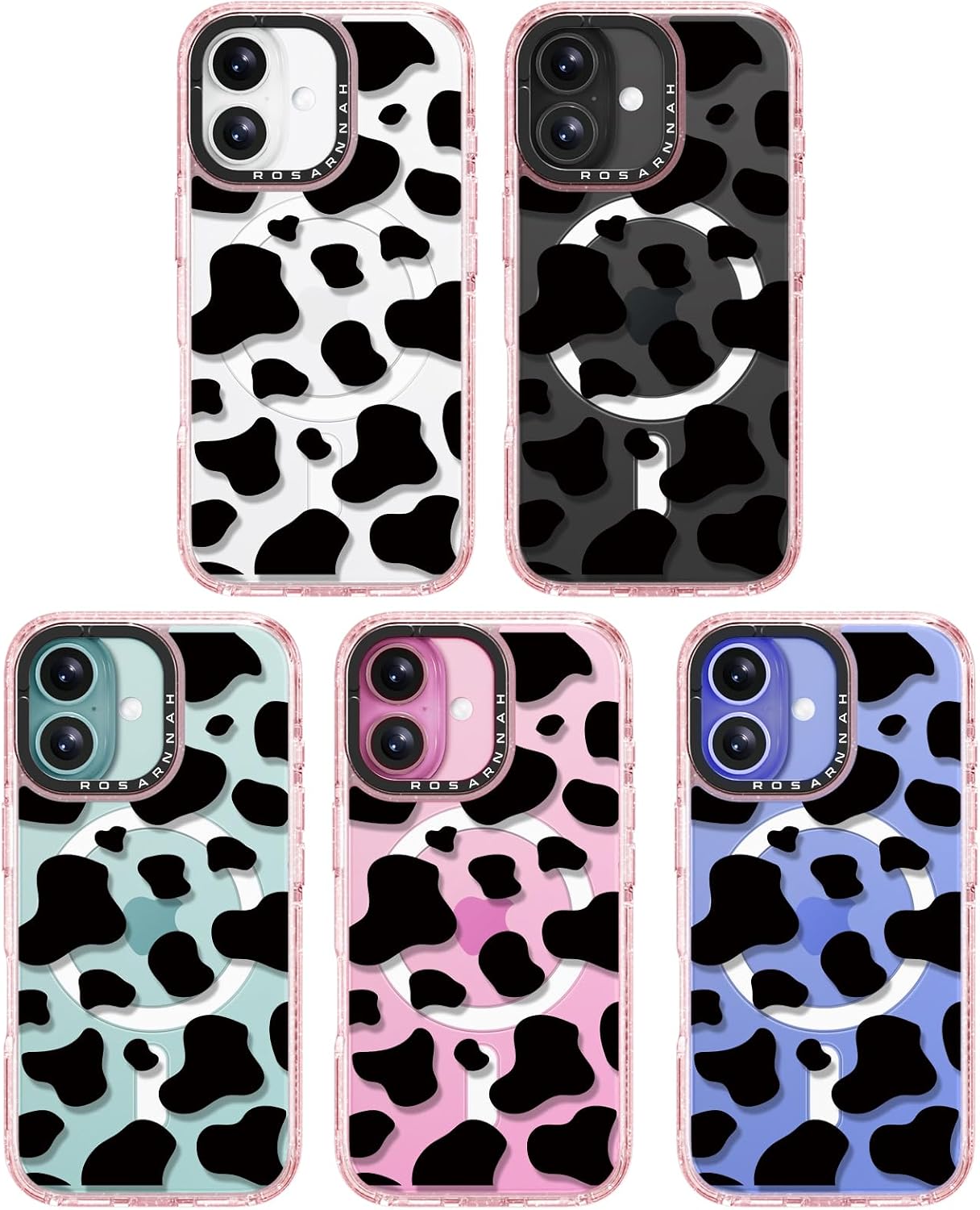 Rosarnnah for iPhone 16 Case Cute - Compatible with Magsafe - Durable Shockproof 6.6 ft Drop Impact Phone Case - Funny Milk Cow Print Design (6.1") Glitter Pink